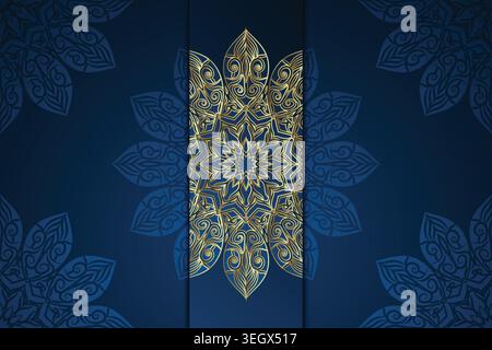 A luxury card featuring an intricate golden floral pattern set against a rich blue background Stock Vector