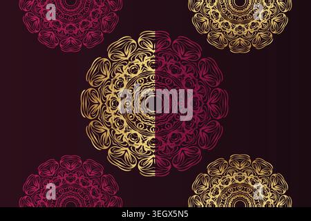 Circular Gold Mandala with Radiating Patterns on Red and Black Stock Vector