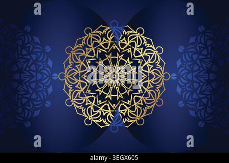 Elegant Mandala with Three Concentric Circles Featuring Yellow Blue and Gold Floral Motifs Stock Vector