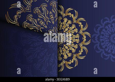 Intricate Circular Pattern in Blue and Gold on Dark Blue Canvas Stock Vector