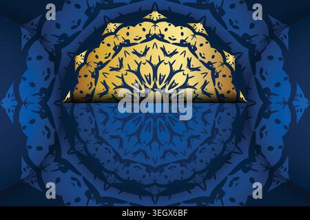 Symmetrical Floral Mandala with Concentric Circles in Yellow Blue and Gold on Dark Background Stock Vector