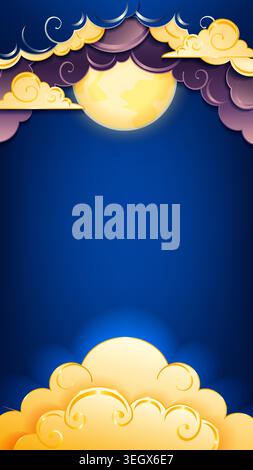 Editable Mid-Autumn Festival vertical banner with full moon and clouds with copy space for social media, smartphone wallpaper and mobile ads. Stock Vector