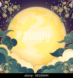 Editable Mid-Autumn Festival square banner with full moon and clouds, and copy space for social media, ads and web. Stock Vector