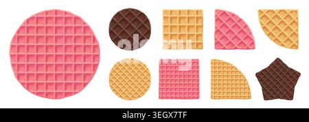 Round chocolate waffle cracker pancakes, pink square waffle. Brunch pattern with chocolate stroopwafel creamy biscuit, circle or star shape vector Stock Vector