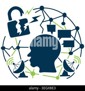 Cybersecurity risk icon, internet insecurity and data protection concept, digital threat and social crisis, minimalist editorial vector Stock Vector
