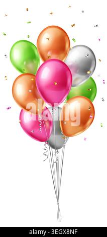 Bunch of shiny balloons in pink, orange, green, and silver with confetti and stars on white background. Stock Vector