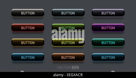 Set of modern, colorful web buttons with glowing neon effect. Ideal for digital interface design. Vector illustration. Stock Vector