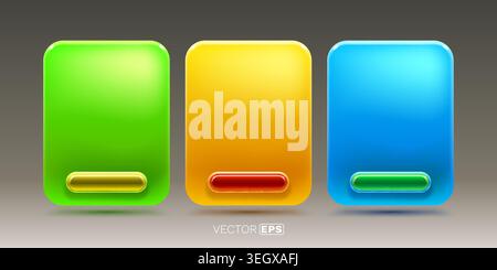 Set of three glossy, colorful UI elements with rounded corners. Modern web and app design template. Vector illustration. Stock Vector