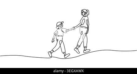 Continuous Line Drawing Two Friends Walking Together Outdoors Stock Vector
