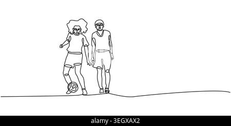 Continuous line art of two female soccer players dribbling ball Stock Vector