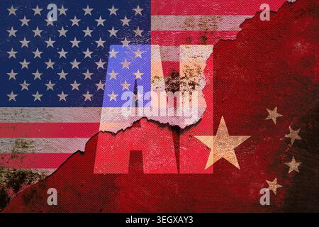 United states and China flags with ai text overlay, representing the artificial intelligence arms race, global trade war, and technology competition between the two economic superpowers Stock Photo