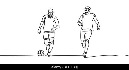 Continuous line art of two soccer players running for ball Stock Vector