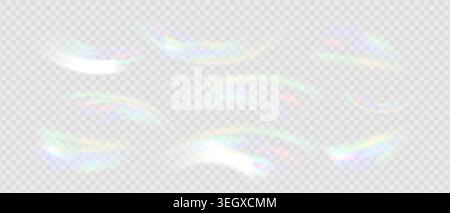 Crystal prism creates vibrant rainbow flares with holographic overlays. Sparkling glass refraction effects, glowing spectrum bursts, and transparent Stock Vector
