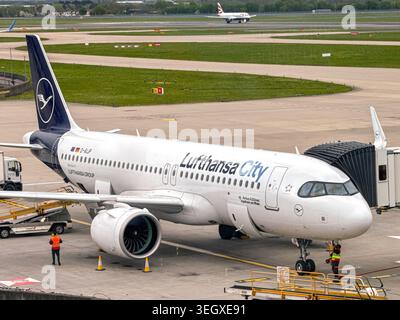 London, England, UK - 11 April 2026: Airbus A320 Neo jet (registration D-AIJP) operated by Lufthansa City airlines. Stock Photo