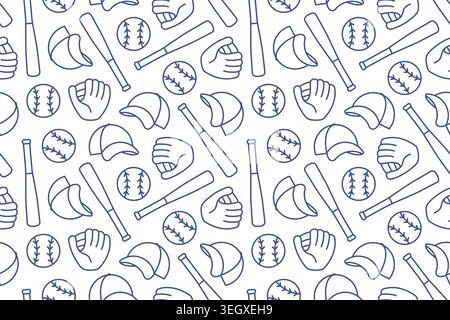 baseball seamless pattern with bat, ball, glove and cap, sporty repeating background for fabric, wrapping paper, textile, wallpaper, apparel and kids Stock Vector