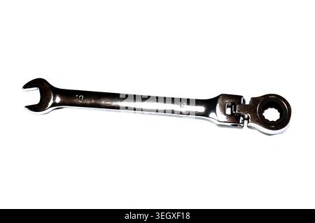 a flex-head combination ratcheting wrench, features a standard open-ended wrench on the left and a pivoting, ratcheting box end on the right Stock Photo