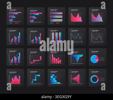 Business data gathering graph ux dashboard dark set Stock Vector