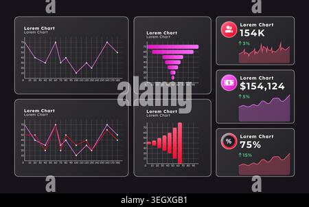 Alternation of data monitoring screens graph ux dashboard dark set Stock Vector