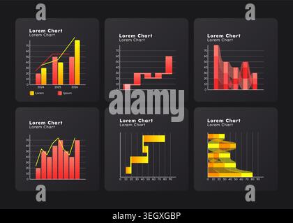 Data analytics digital tools graph ux dashboard dark set Stock Vector