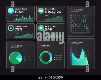 Analyzing data in real time graph ux dashboard dark set Stock Vector
