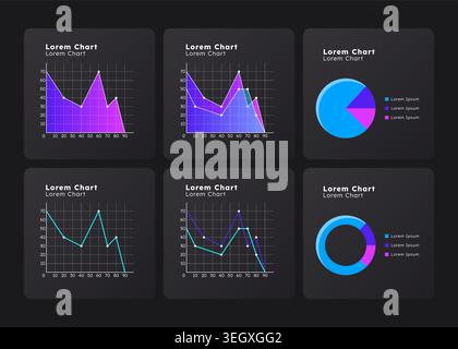 Analyzing data with different infocharts graph ux dashboard dark set Stock Vector