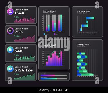 Process monitoring technology graph ux dashboard dark set Stock Vector