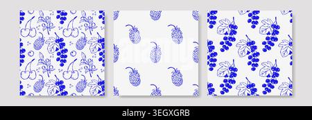 Three seamless patterns with stylized blue grape clusters on white backgrounds Stock Vector