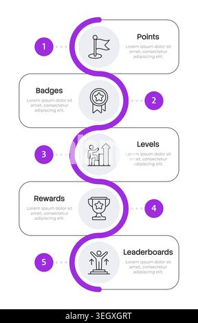 Gamification elements rectangle purple loop infographic 5 steps Stock Vector