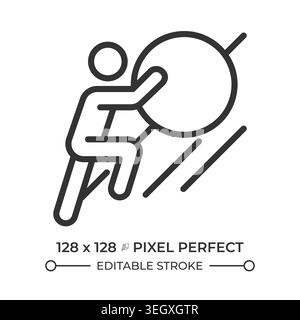Person pushing rock uphill line icon Stock Vector