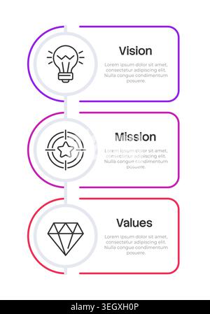 Strategic framework of organization rounded multicolor infographic 3 steps Stock Vector