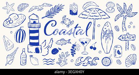 Hand drawn coastal set with lighthouse, beach, sea life Stock Vector