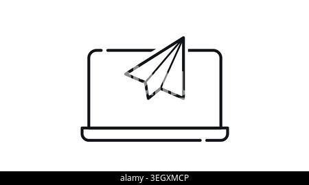 Laptop paper plane icon: portable notebook computer with flying paper airplane on screen, minimalist black line art vector for message sending and sta Stock Vector