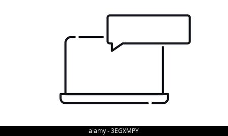 Laptop online chat and user feedback icon: portable notebook computer with single speech bubble on screen, minimalist black line art vector. Stock Vector