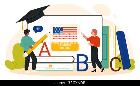 Students learning American English at language school with teacher, books, alphabet letters, USA flag, promoting study abroad, communication skills, isolated on white background vector illustration Stock Vector