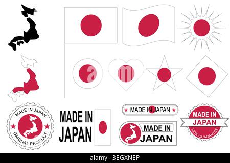 Japan national symbols flags map and made in Japan badges vector. Suitable for editorial, educational and commercial design projects. Stock Vector