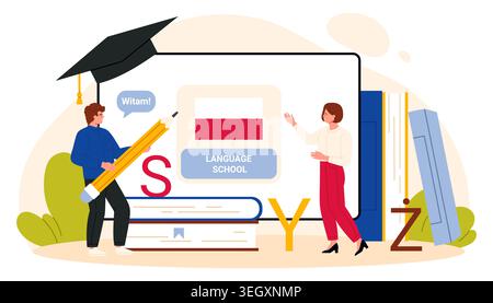 People studying Polish language at school with books, alphabet letters and national flag on whiteboard, modern education and foreign course promotion isolated on white background vector illustration Stock Vector