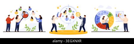 Business people analyzing marketing target audience, attracting customers with magnet, segmenting clients by data charts for campaign optimization, isolated on white background vector illustration Stock Vector