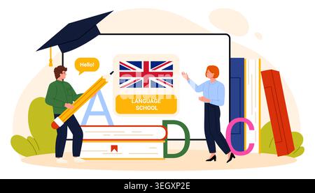 English language school concept with teacher and student learning foreign vocabulary, books, alphabet letters and British flag on screen, modern flat style isolated vector illustration Stock Vector