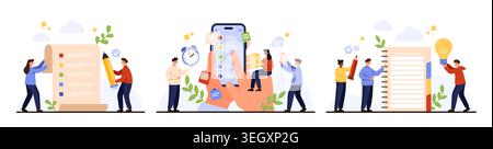 People creating notes, checklists, and to do lists on paper scroll, smartphone app, and notebook for planning tasks, productivity, time management isolated on white background vector illustration Stock Vector
