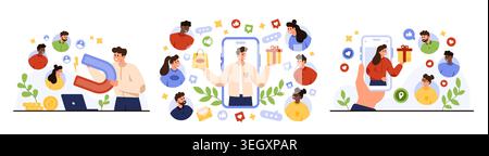 Online marketing set influencers attracting followers, promoting gifts, engaging audience through smartphone, social media likes, comments, notifications diverse people isolated vector illustration Stock Vector