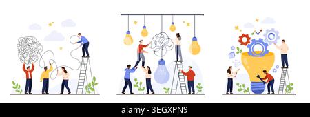 Business people team untangling mess, collaborating to generate creative solutions, innovation process, problem solving, light bulb concept, project management, teamwork isolated vector illustration Stock Vector