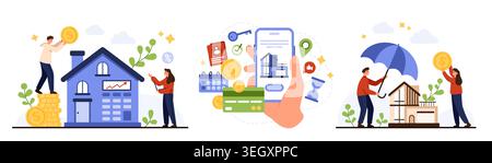 Real estate investment concept with people saving money, buying property via smartphone, protecting house with umbrella, mortgage payment, financial growth isolated on white vector illustration Stock Vector
