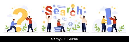 People searching information with question mark and exclamation mark, teamwork concept, online research, data analysis, modern flat design isolated on white background vector illustration Stock Vector