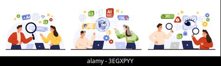 Team of software engineers using laptops, magnifying glass and icons to analyze search, artificial intelligence, automation, security, user interface isolated on white background vector illustration Stock Vector