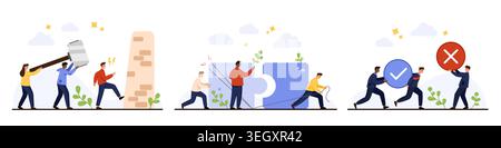 Business people teamwork breaking barriers solving problems pulling puzzle pieces making decisions with check and cross icons, flat style, isolated on white background vector illustration Stock Vector