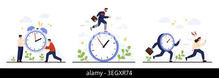 Office workers rushing against big clocks, symbolizing time management, deadline stress, productivity, procrastination, business urgency, work balance, isolated on white background vector illustration Stock Vector