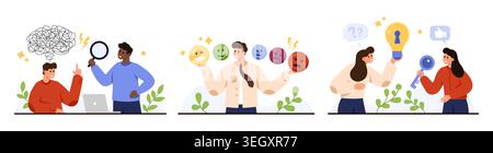 Set of people discussing emotions, therapy support, problem solving, counseling, stress, depression, communication, coaching, mental health care, isolated on white background vector illustration Stock Vector