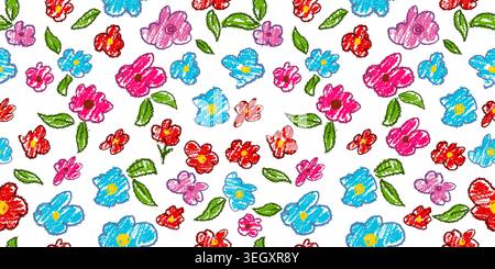 Seamless pattern simple flowers children's drawing with crayons. Hand drawn. Not AI, vector illustration. Stock Vector