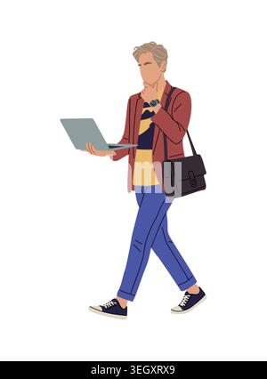 Focused business man walking with laptop and bag Stock Vector