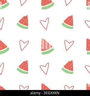 Seamless watermelon pattern with cute heart detail in flat style Stock Vector